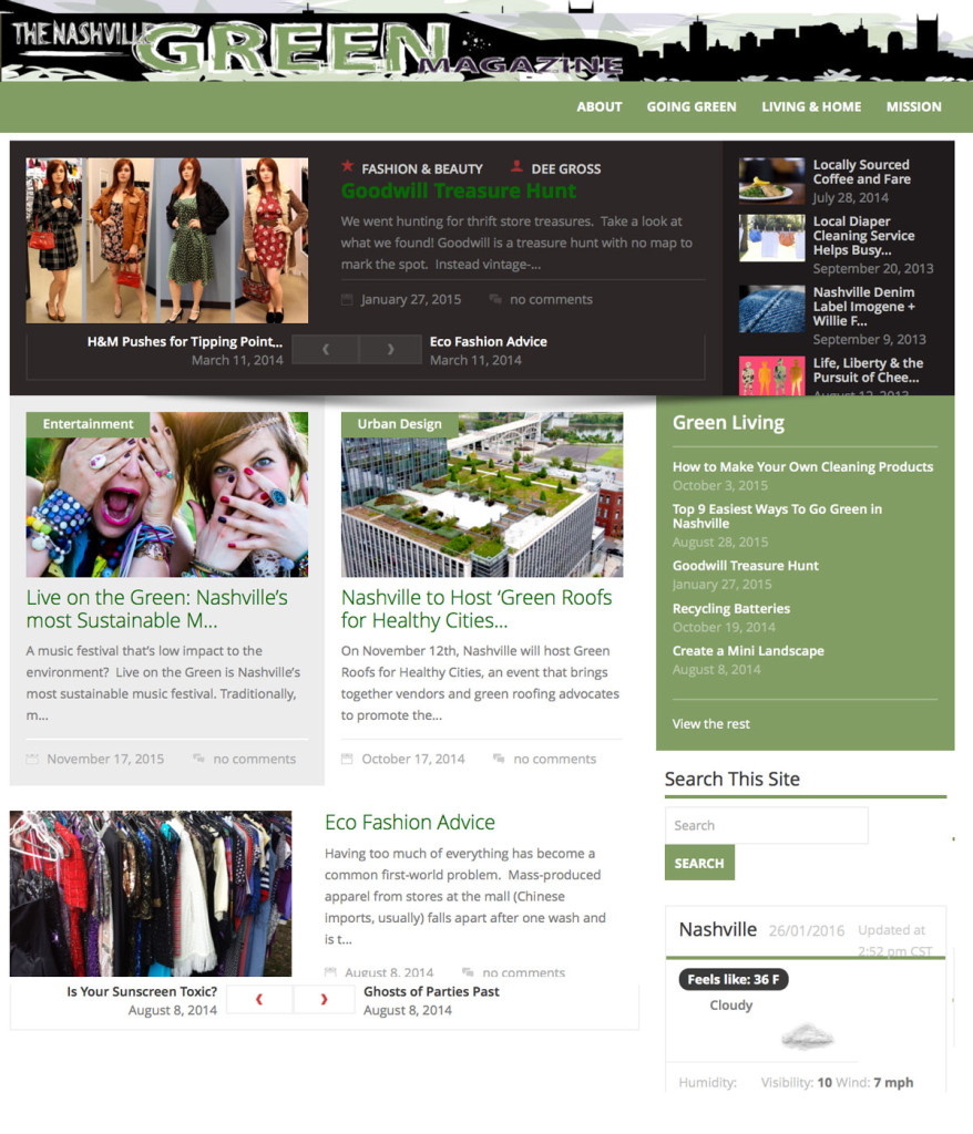 The Nashville Green homepage layout