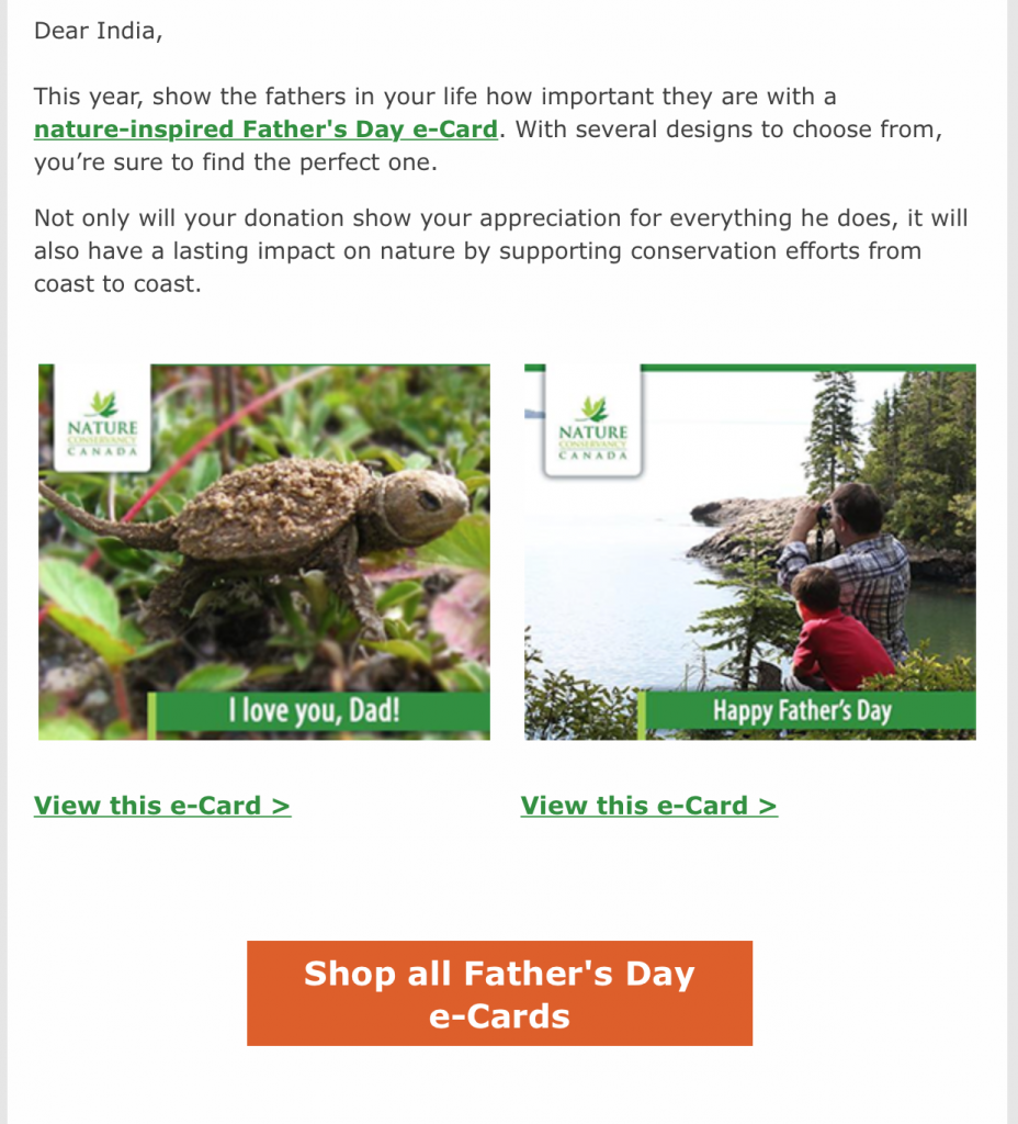 Nature Conservancy of Canada Gifts of Nature e-card promo email written by India Longpre