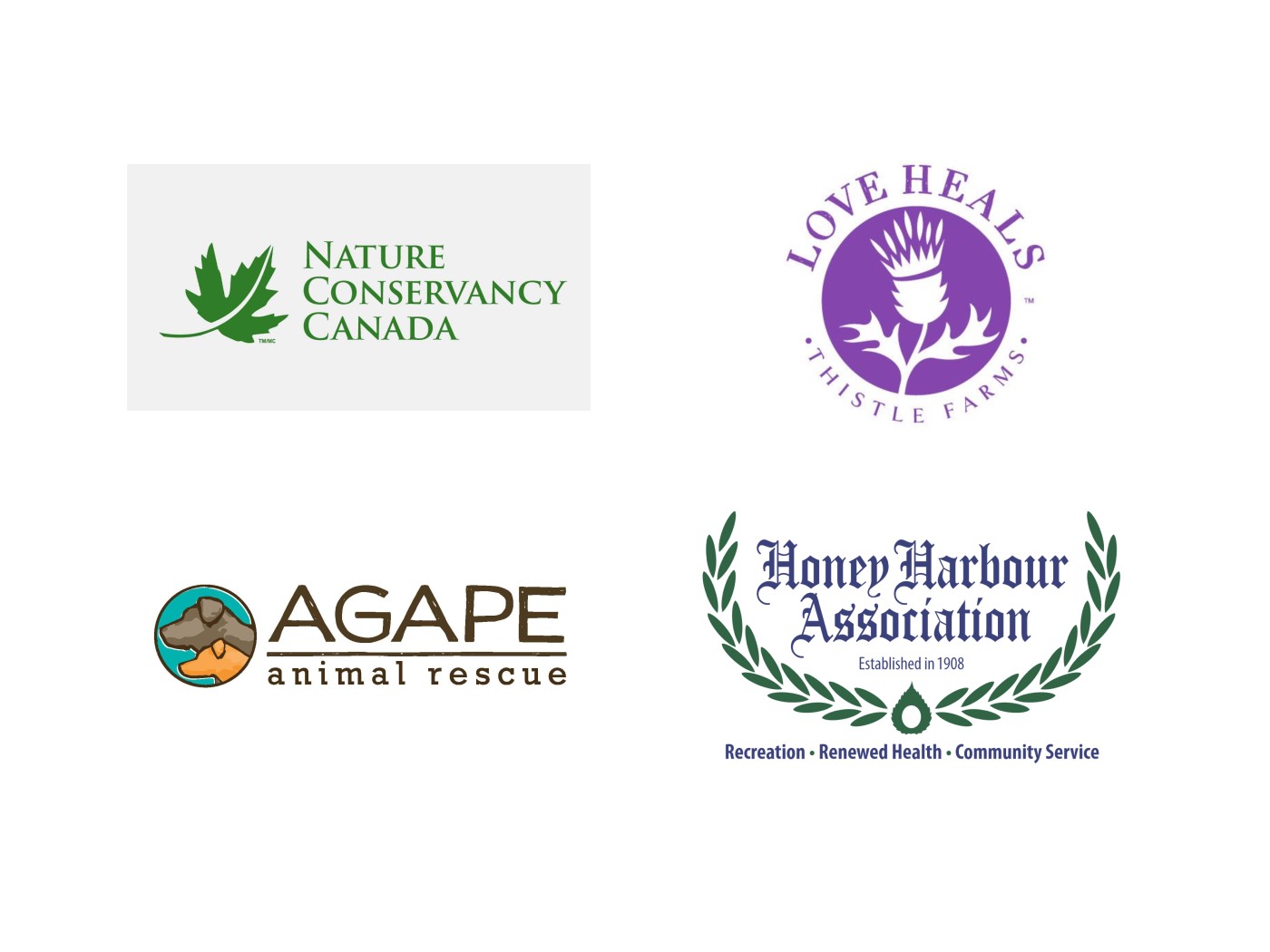 Logos of charities we've done work for: Nature Conservancy of Canada, Thistle Farms, Agape Animal Rescue, Honey Harbour Association